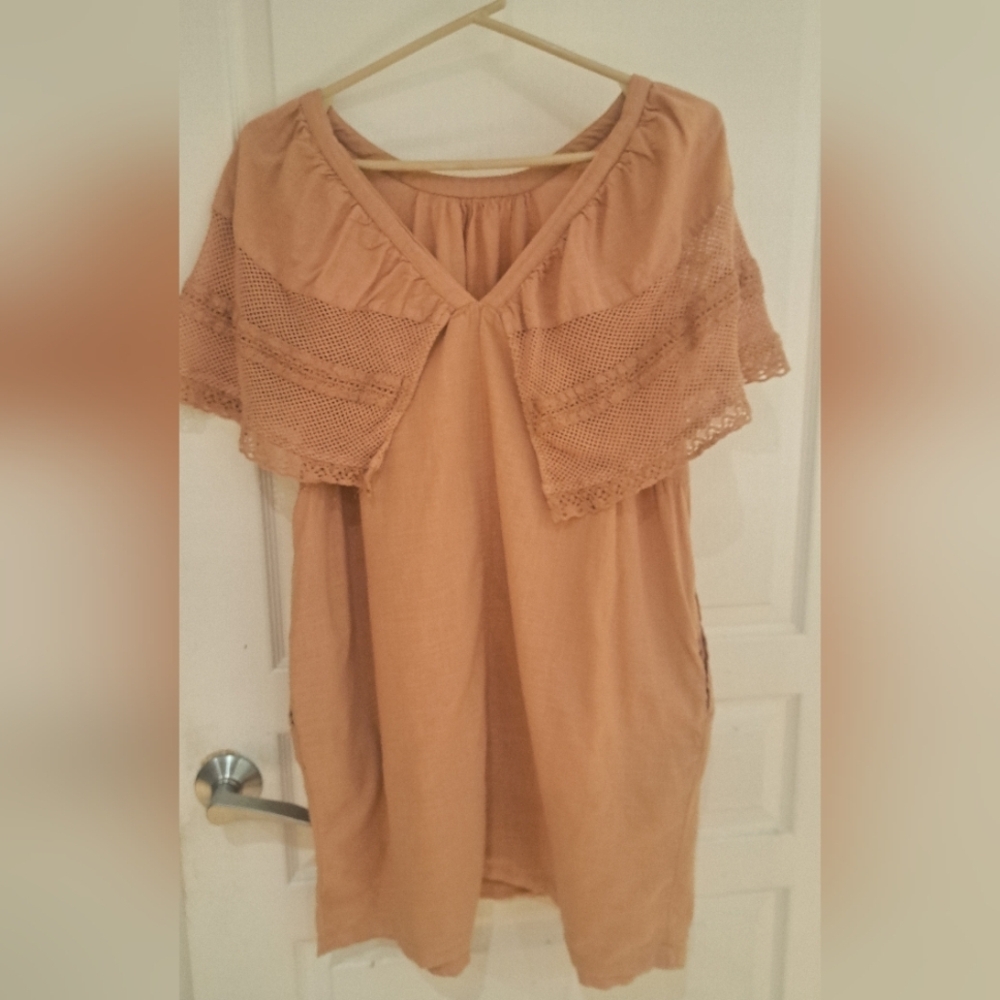 Chic Women's Tan Blouse Or Mini Dress with Unique Shoulder Lace Accents.